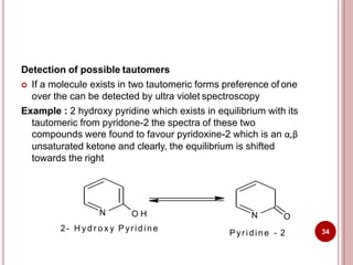Detection of possible tautomers
 If a molecule exists in two tautomeric forms preference of one
over the can be detected by ultra violet spectroscopy
Example : 2 hydroxy pyridine which exists in equilibrium with its
tautomeric from pyridone-2 the spectra of these two
compounds were found to favour pyridoxine-2 which is an α,β
unsaturated ketone and clearly, the equilibrium is shifted
towards the right
N O H N O
2- H y d r o x y Pyridine
Pyridine - 2 34
 