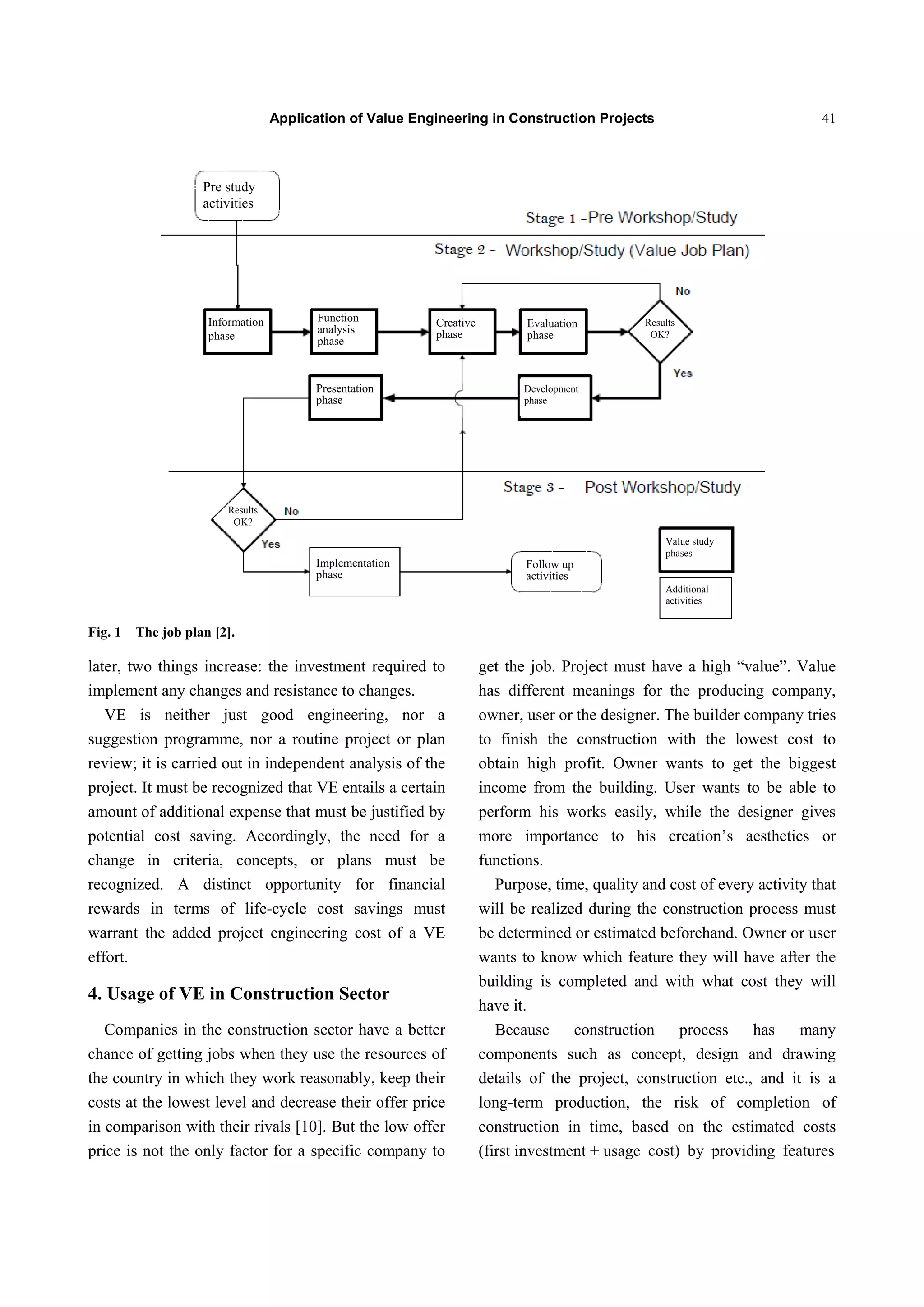 Application of Value Engineering in Construction Projects 41
Fig. 1 The job plan [2].
later, two things increase: the investment required to
implement any changes and resistance to changes.
VE is neither just good engineering, nor a
suggestion programme, nor a routine project or plan
review; it is carried out in independent analysis of the
project. It must be recognized that VE entails a certain
amount of additional expense that must be justified by
potential cost saving. Accordingly, the need for a
change in criteria, concepts, or plans must be
recognized. A distinct opportunity for financial
rewards in terms of life-cycle cost savings must
warrant the added project engineering cost of a VE
effort.
4. Usage of VE in Construction Sector
Companies in the construction sector have a better
chance of getting jobs when they use the resources of
the country in which they work reasonably, keep their
costs at the lowest level and decrease their offer price
in comparison with their rivals [10]. But the low offer
price is not the only factor for a specific company to
get the job. Project must have a high “value”. Value
has different meanings for the producing company,
owner, user or the designer. The builder company tries
to finish the construction with the lowest cost to
obtain high profit. Owner wants to get the biggest
income from the building. User wants to be able to
perform his works easily, while the designer gives
more importance to his creation’s aesthetics or
functions.
Purpose, time, quality and cost of every activity that
will be realized during the construction process must
be determined or estimated beforehand. Owner or user
wants to know which feature they will have after the
building is completed and with what cost they will
have it.
Because construction process has many
components such as concept, design and drawing
details of the project, construction etc., and it is a
long-term production, the risk of completion of
construction in time, based on the estimated costs
(first investment + usage cost) by providing features
Pre study
activities
Information
phase
Function
analysis
phase
Creative
phase
Evaluation
phase
Results
OK?
Development
phase
Presentation
phase
Results
OK?
Implementation
phase
Follow up
activities
Value study
phases
Additional
activities
 