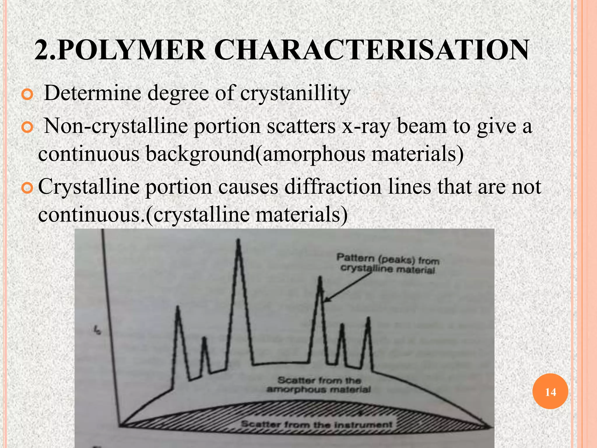2.POLYMER CHARACTERISATION
 Determine degree of crystanillity
 Non-crystalline portion scatters x-ray beam to give a
continuous background(amorphous materials)
 Crystalline portion causes diffraction lines that are not
continuous.(crystalline materials)
14
 