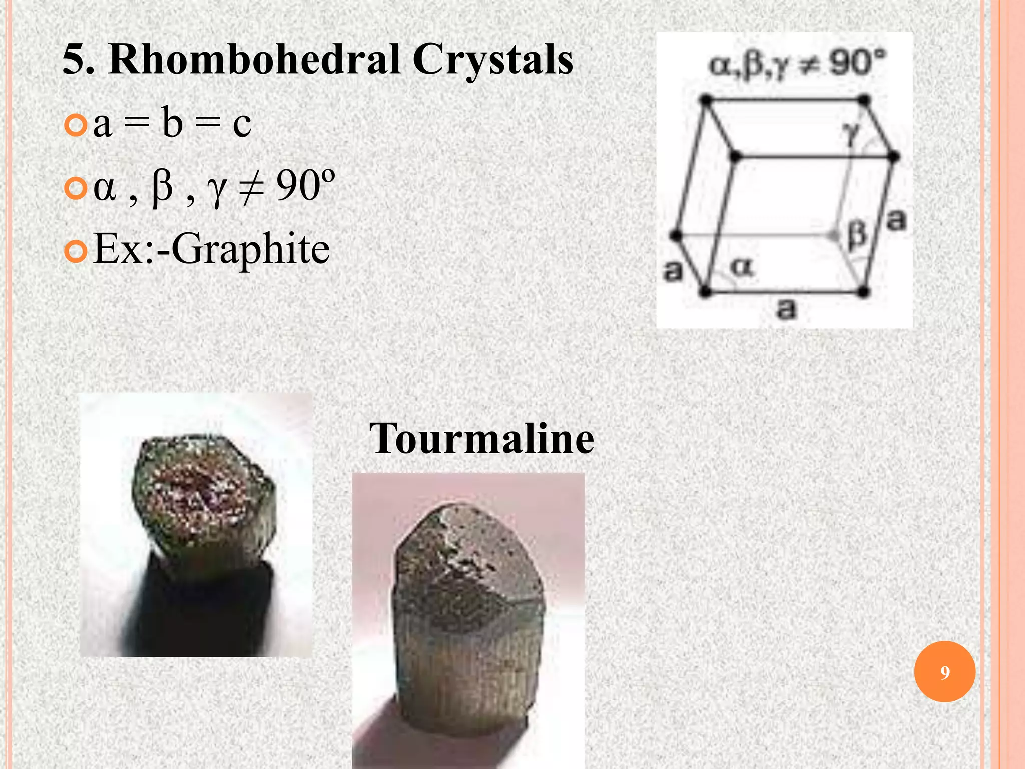 5. Rhombohedral Crystals
a = b = c
α , β , γ ≠ 90º
Ex:-Graphite
Tourmaline
9
 