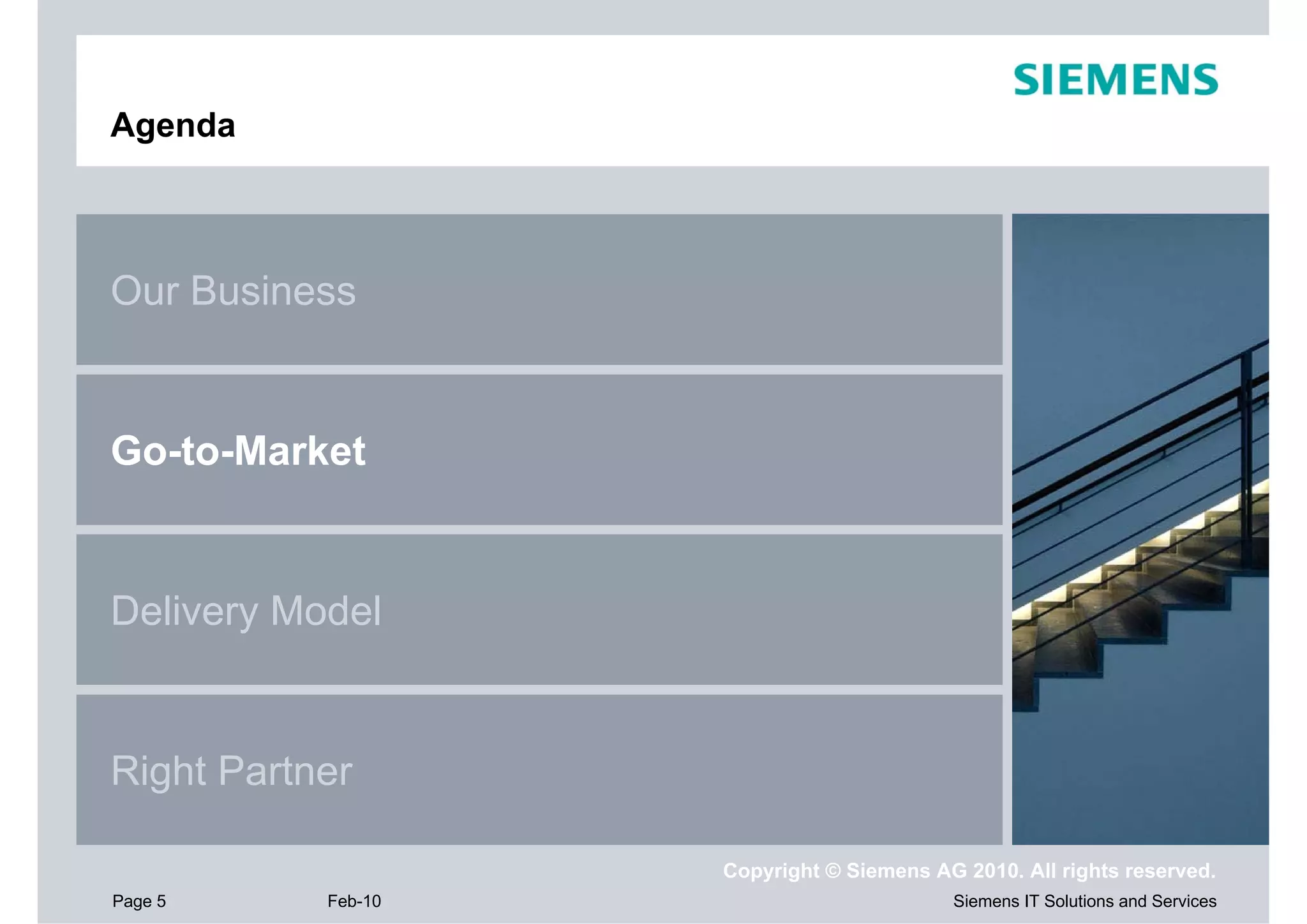 Agenda



Our Business


Go-to-Market


Delivery Model


Right Partner

                    Copyright © Siemens AG 2010. All rights reserved.
Page 5     Feb-10                         Siemens IT Solutions and Services
 