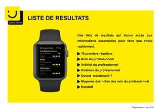 10 premiers résultats
Nom du professionnel
Activité du professionnel
Distance du professionnel
Ouvert maintenant ?
Moyenne des notes des avis du professionnel
Handoff
LISTE DE RESULTATS
Une liste de résultats qui donne accès aux
informations essentielles pour faire son choix
rapidement.
PagesJaunes – Juin 2015
 