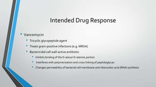 Intended Drug Response
• Vancomycin
• Tricyclic glycopeptide agent
• Treats gram-positive infections (e.g. MRSA)
• Bactericidal cell wall-active antibiotic
• Inhibits binding of the D-alanyl-D-alanine portion
• Interferes with polymerization and cross-linking of peptidoglycan
• Changes permeability of bacterial cell membrane and ribonucleic acid (RNA) synthesis
 