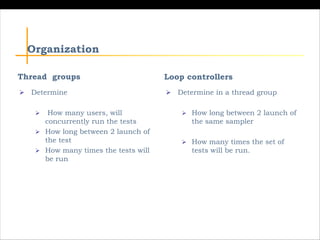 Organization
Thread groups Loop controllers
Ø Determine
Ø How many users, will
concurrently run the tests
Ø How long betwe...