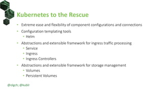 Kubernetes to the Rescue
• Extreme ease and flexibility of component configurations and connections
• Configuration templating tools
• Helm
• Abstractions and extensible framework for ingress traffic processing
• Service
• Ingress
• Ingress Controllers
• Abstractions and extensible framework for storage management
• Volumes
• Persistent Volumes
@olgch; @kublr
 