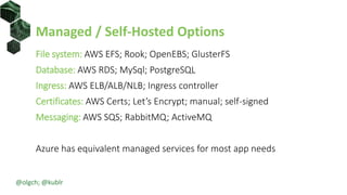 Managed / Self-Hosted Options
File system: AWS EFS; Rook; OpenEBS; GlusterFS
Database: AWS RDS; MySql; PostgreSQL
Ingress: AWS ELB/ALB/NLB; Ingress controller
Certificates: AWS Certs; Let’s Encrypt; manual; self-signed
Messaging: AWS SQS; RabbitMQ; ActiveMQ
Azure has equivalent managed services for most app needs
@olgch; @kublr
 