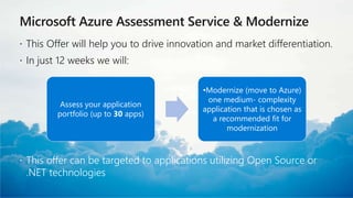 © Microsoft Corporation
Microsoft Azure Assessment Service & Modernize
 This Offer will help you to drive innovation and market differentiation.
 In just 12 weeks we will:
 This offer can be targeted to applications utilizing Open Source or
.NET technologies
Assess your application
portfolio (up to 30 apps)
•Modernize (move to Azure)
one medium- complexity
application that is chosen as
a recommended fit for
modernization
 
