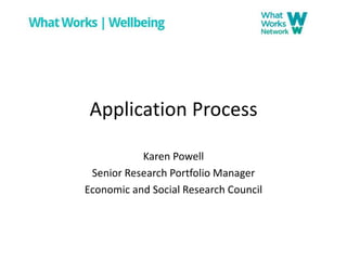 Application Process 
Karen Powell 
Senior Research Portfolio Manager 
Economic and Social Research Council 
 