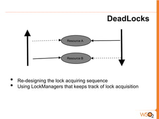 DeadLocks

                          Resource A




                          Resource B




•   Re-designing the lock acquiring sequence
•   Using LockManagers that keeps track of lock acquisition
 