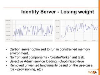 Identity Server - Losing weight




• Carbon server optimized to run in constrained memory
  environment.
• No front end components - 'createWorker' ant task.
• Selective Admin service loading. -Doptimized=true
• Removed unwanted functionality based on the use-case,
  (p2 - provisioning, etc)
 