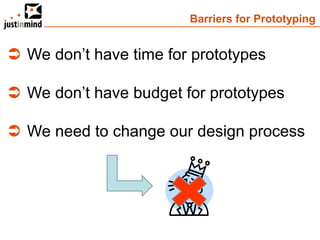 Barriers for Prototyping


 We don’t have time for prototypes

 We don’t have budget for prototypes

 We need to change our design process
 