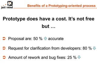 Benefits of a Prototyping-oriented process



Prototype does have a cost. It’s not free
                     but …

 Proposal are: 50 %     accurate

 Request for clarification from developers: 80 %

 Amount of rework and bug fixes: 25 %
 