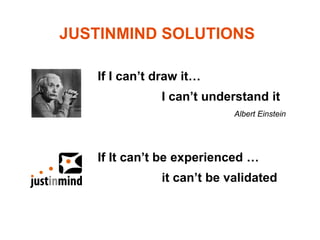 JUSTINMIND SOLUTIONS

   If I can’t draw it…
              I can’t understand it
                           Albert Einstein




   If It can’t be experienced …
              it can’t be validated
 
