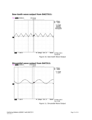 Saw-tooth wave output from DAC7311:




                                             Figure 10. Saw-tooth Wave Output



        Sinusoidal wave output from DA7311:




                                             Figure 11. Sinusoidal Wave Output




Interfacing Stellaris LM3S811 with DAC7311                                       Page 13 of 14
25/5/2011
 