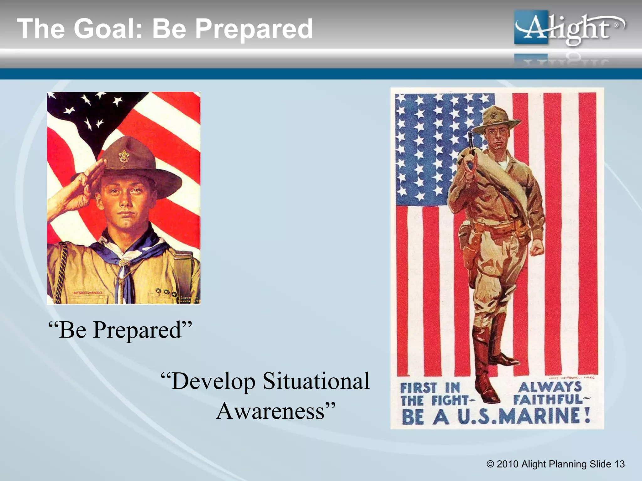 “ Be Prepared” “ Develop Situational Awareness” The Goal: Be Prepared 