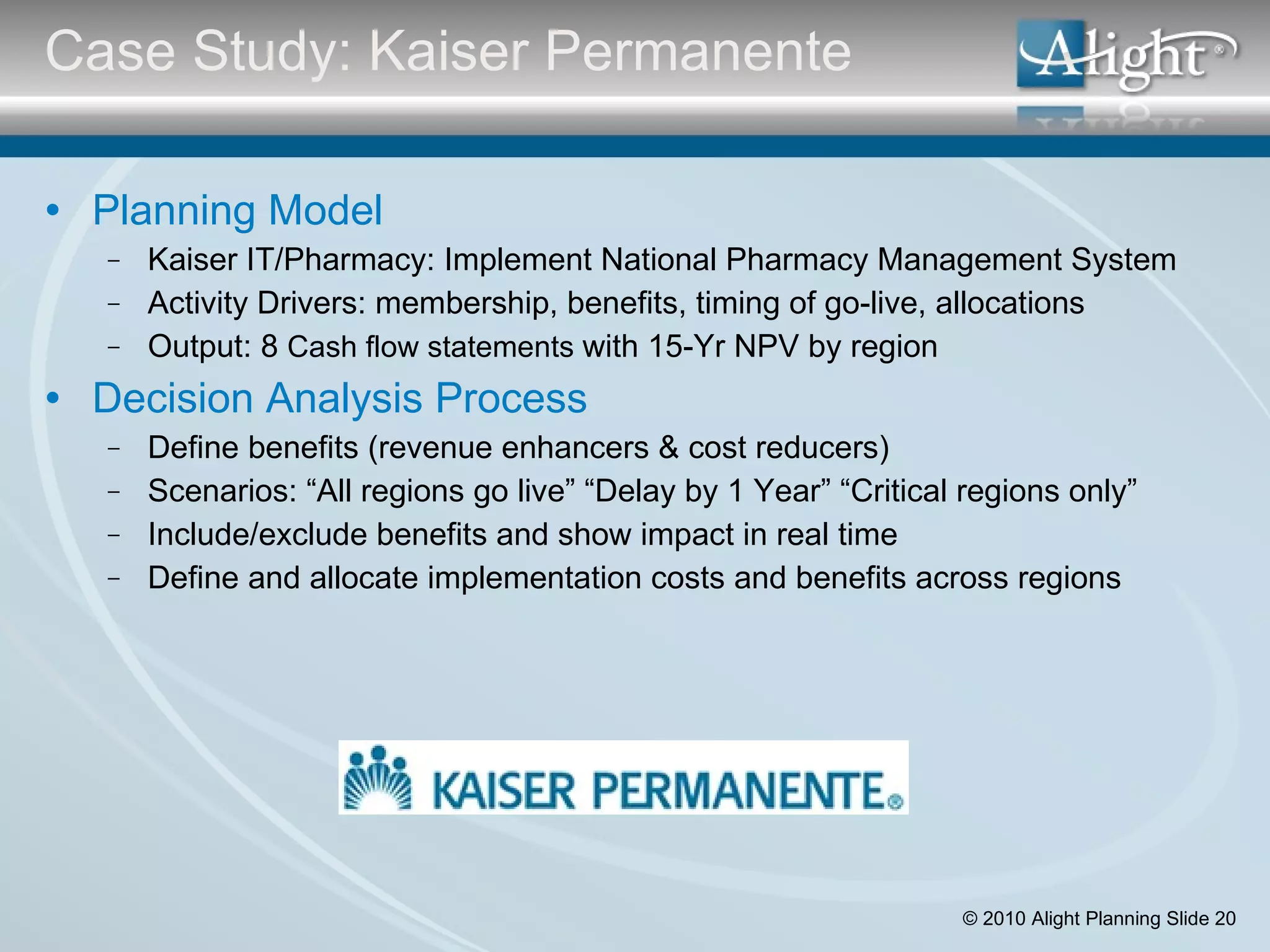Planning Model Kaiser IT/Pharmacy: Implement National Pharmacy Management System Activity Drivers: membership, benefits, timing of go-live, allocations Output: 8  Cash flow statements  with 15-Yr NPV by region Decision Analysis Process Define benefits (revenue enhancers & cost reducers) Scenarios: “All regions go live” “Delay by 1 Year” “Critical regions only” Include/exclude benefits and show impact in real time Define and allocate implementation costs and benefits across regions Case Study: Kaiser Permanente 