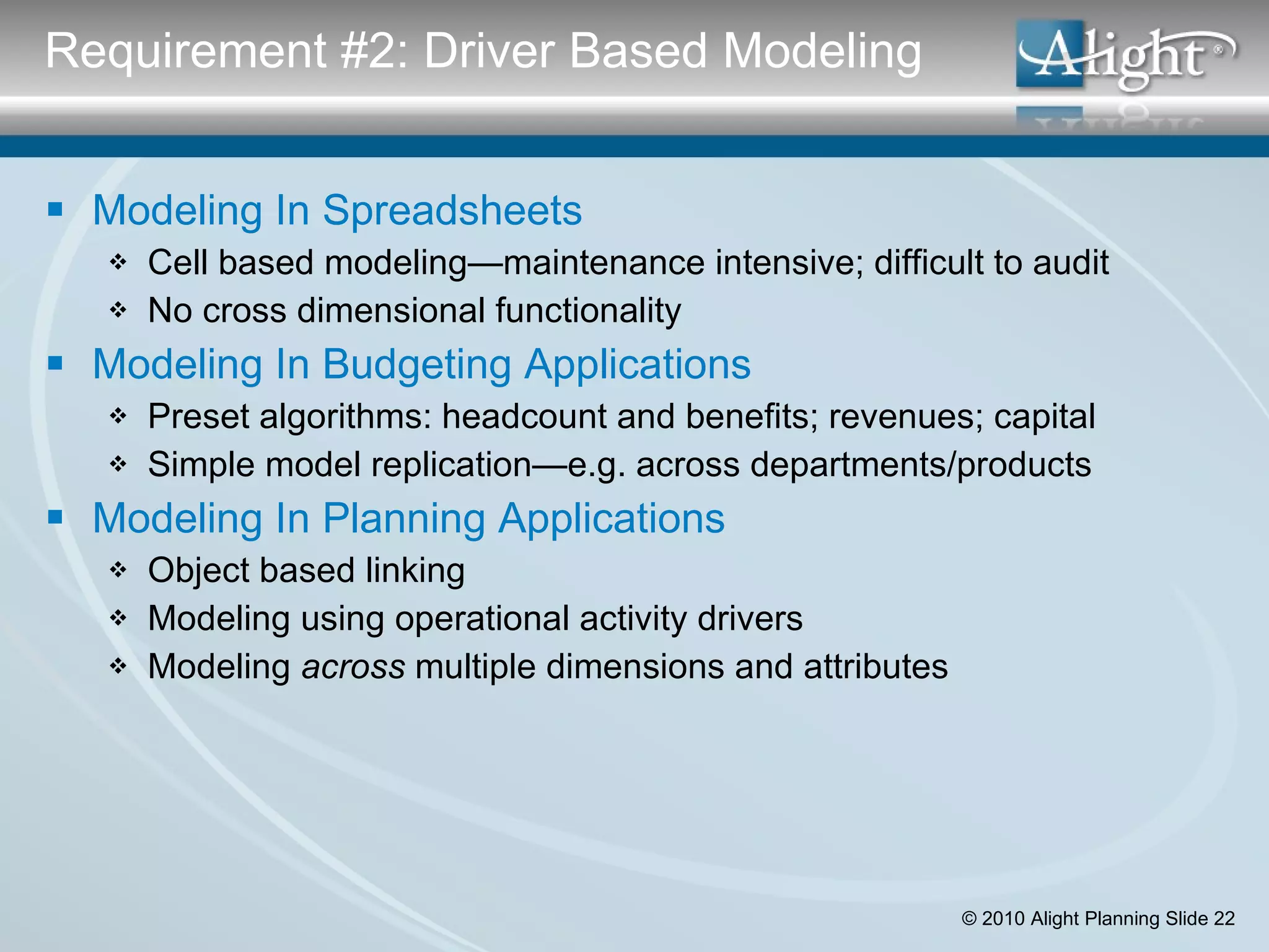 Modeling In Spreadsheets Cell based modeling—maintenance intensive; difficult to audit No cross dimensional functionality Modeling In Budgeting Applications Preset algorithms: headcount and benefits; revenues; capital  Simple model replication—e.g. across departments/products Modeling In Planning Applications Object based linking Modeling using operational activity drivers Modeling  across  multiple dimensions and attributes Requirement #2: Driver Based Modeling 