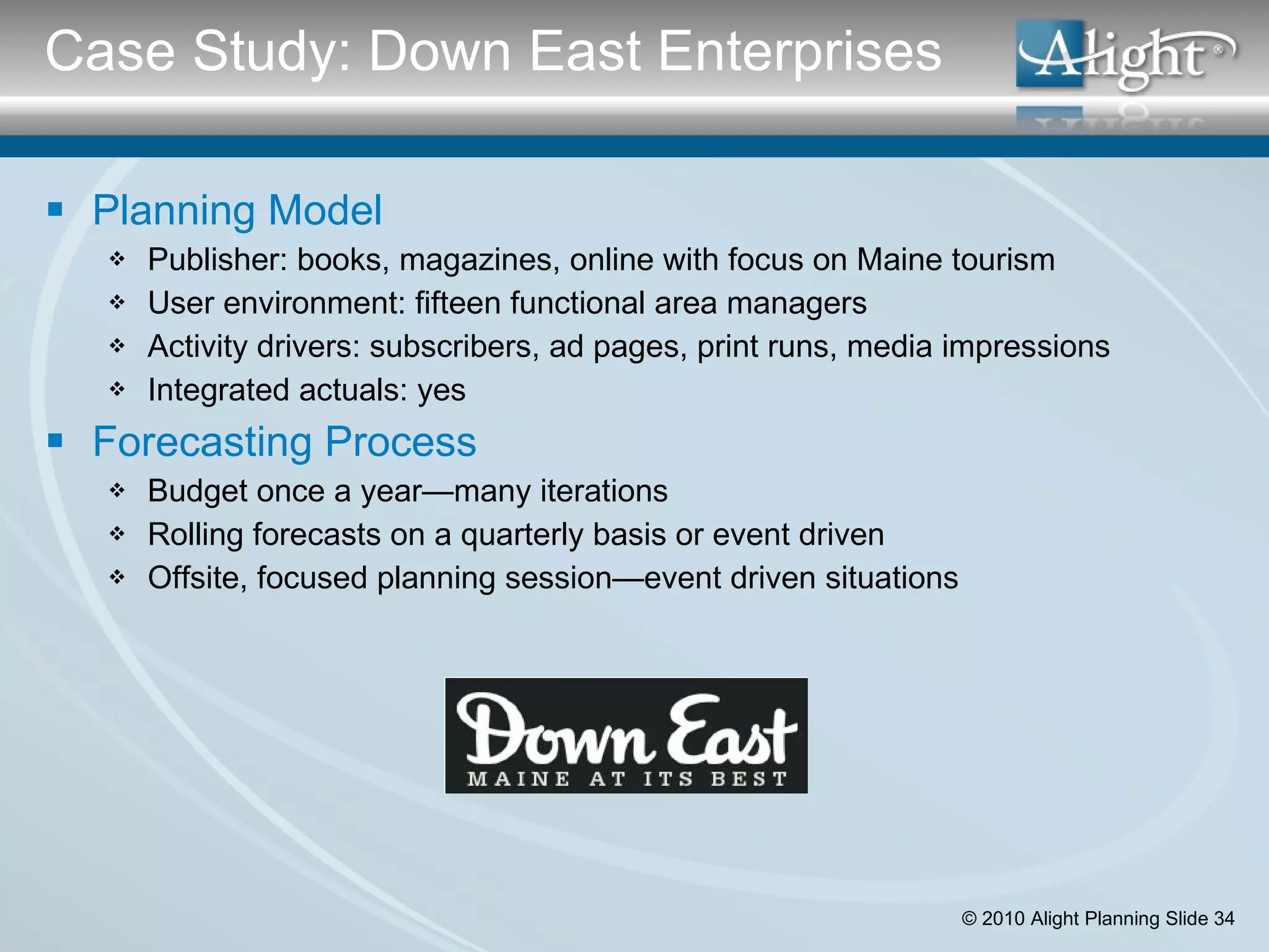 Planning Model Publisher: books, magazines, online with focus on Maine tourism User environment: fifteen functional area managers Activity drivers: subscribers, ad pages, print runs, media impressions Integrated actuals: yes Forecasting Process Budget once a year—many iterations Rolling forecasts on a quarterly basis or event driven Offsite, focused planning session—event driven situations Case Study: Down East Enterprises 