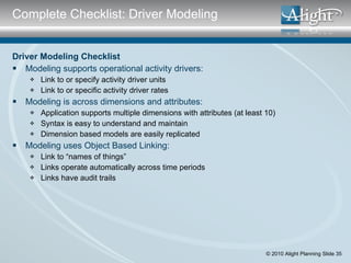 <ul><li>Driver Modeling Checklist </li></ul><ul><li>Modeling supports operational activity drivers: </li></ul><ul><ul><li>...
