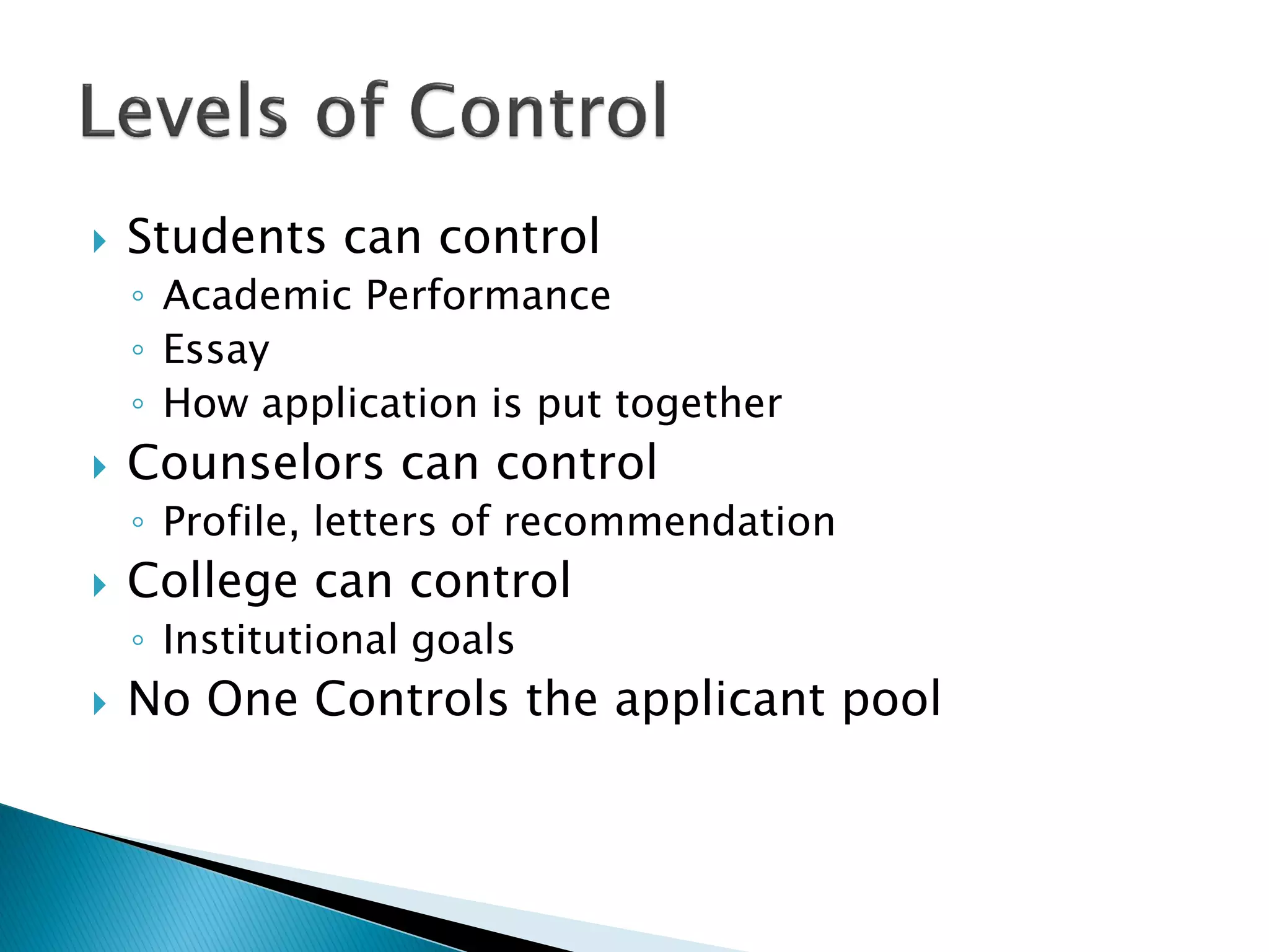   Students can control
    ◦ Academic Performance
    ◦ Essay
    ◦ How application is put together
   Counselors can control
    ◦ Profile, letters of recommendation
   College can control
    ◦ Institutional goals
   No One Controls the applicant pool
 
