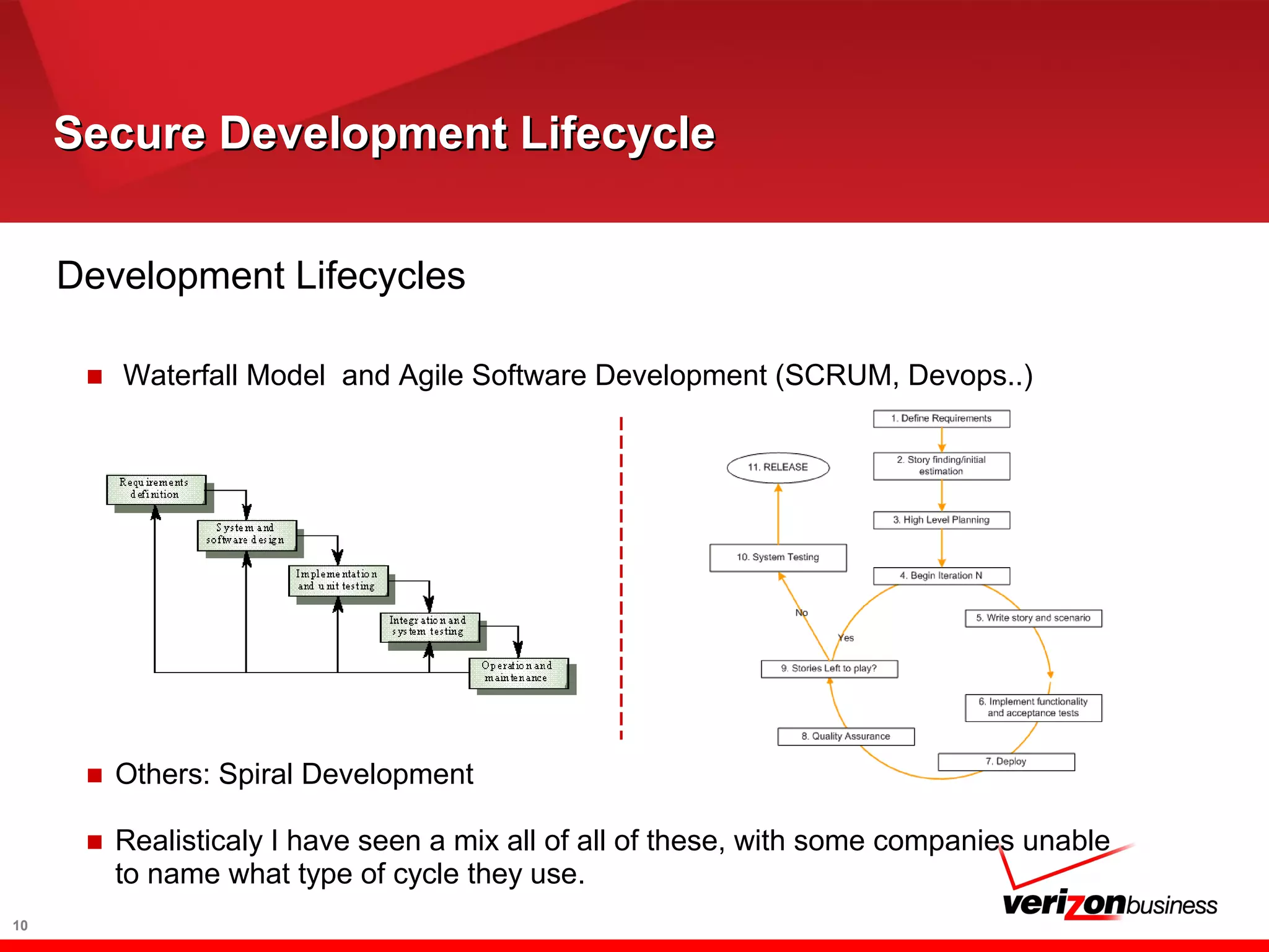 Secure Development LifecycleSecure Development Lifecycle
Development Lifecycles
■ Waterfall Model and Agile Software Development (SCRUM, Devops..)
■ Others: Spiral Development
■ Realisticaly I have seen a mix all of all of these, with some companies unable
to name what type of cycle they use.
10
 