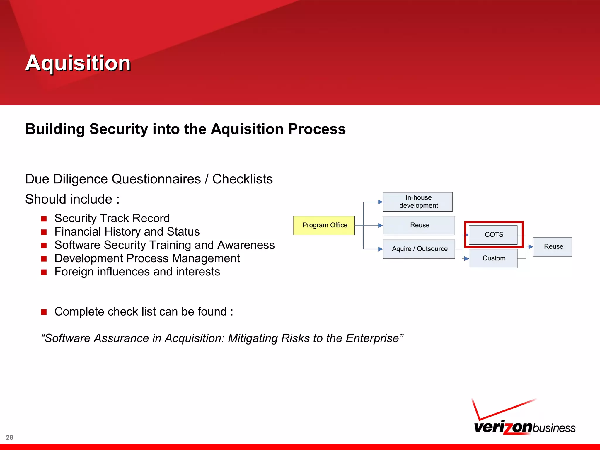 AquisitionAquisition
28
Building Security into the Aquisition Process
Due Diligence Questionnaires / Checklists
Should include :
■ Security Track Record
■ Financial History and Status
■ Software Security Training and Awareness
■ Development Process Management
■ Foreign influences and interests
■ Complete check list can be found :
“Software Assurance in Acquisition: Mitigating Risks to the Enterprise”
 