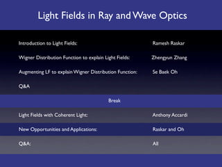 Light Fields in Ray and Wave Optics

Introduction to Light Fields: 
    
      
           
   
   Ramesh Raskar

Wigner Distribution Function to explain Light Fields: 
       Zhengyun Zhang

Augmenting LF to explain Wigner Distribution Function: 
      Se Baek Oh

Q&A

                                              Break

Light Fields with Coherent Light: 

      
           
       Anthony Accardi

New Opportunities and Applications: 
     
           
   
   Raskar and Oh

Q&A: 
      
       
       
      
      
           
   
   All
 