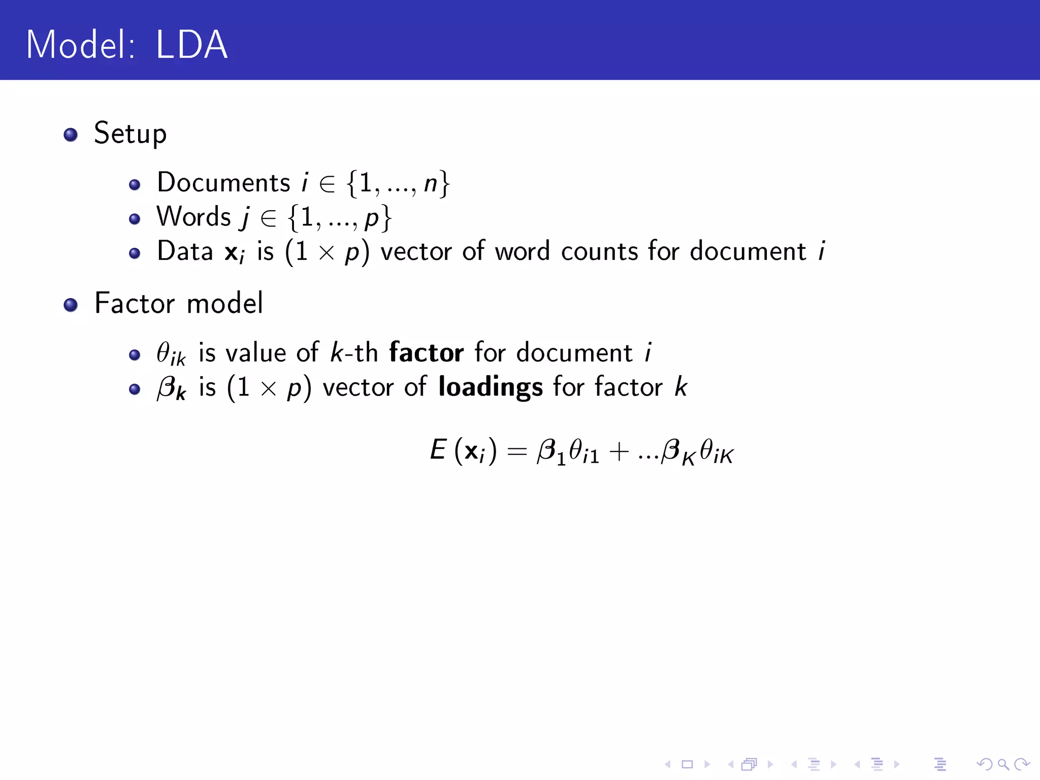 Model: LDA
Setup
Documents i ∈ {1, ..., n}
Words j ∈ {1, ..., p}
Data xi is (1 × p) vector of word counts for document i
Factor model
θik is value of k-th factor for document i
βk is (1 × p) vector of loadings for factor k
E (xi) = β1θi1 + ...βKθiK
 