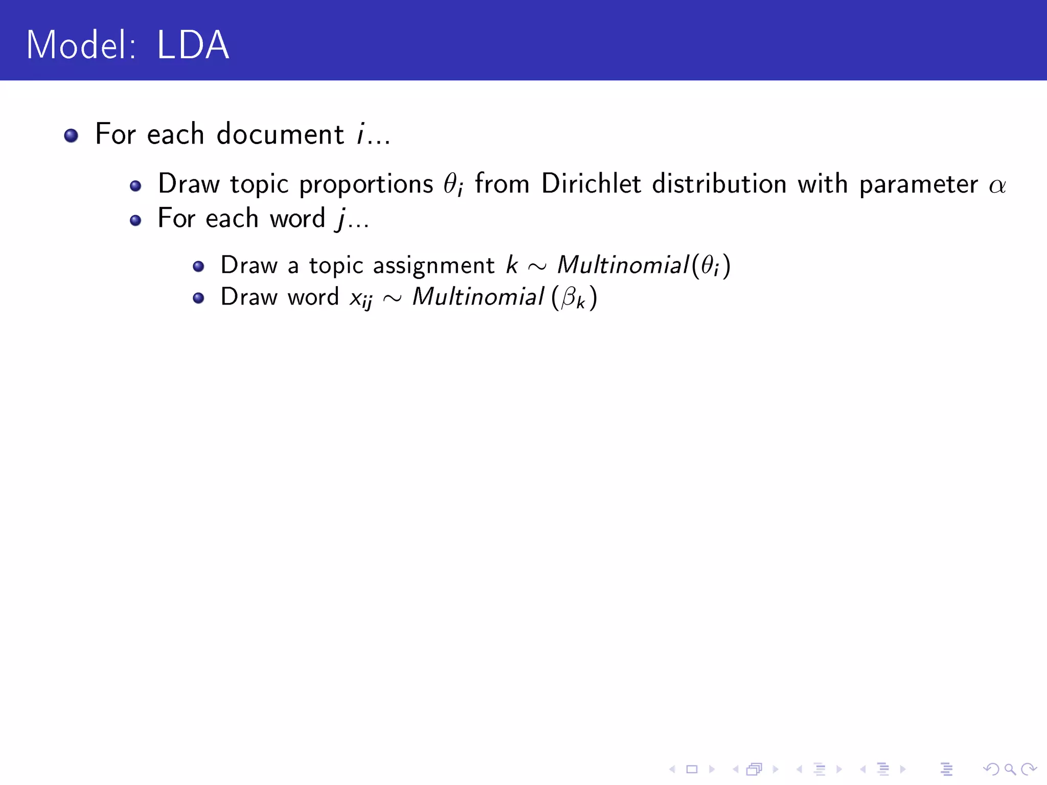 Model: LDA
For each document i ...
Draw topic proportions θi from Dirichlet distribution with parameter α
For each word j...
Draw a topic assignment k ∼ Multinomial(θi )
Draw word xij ∼ Multinomial (βk )
 