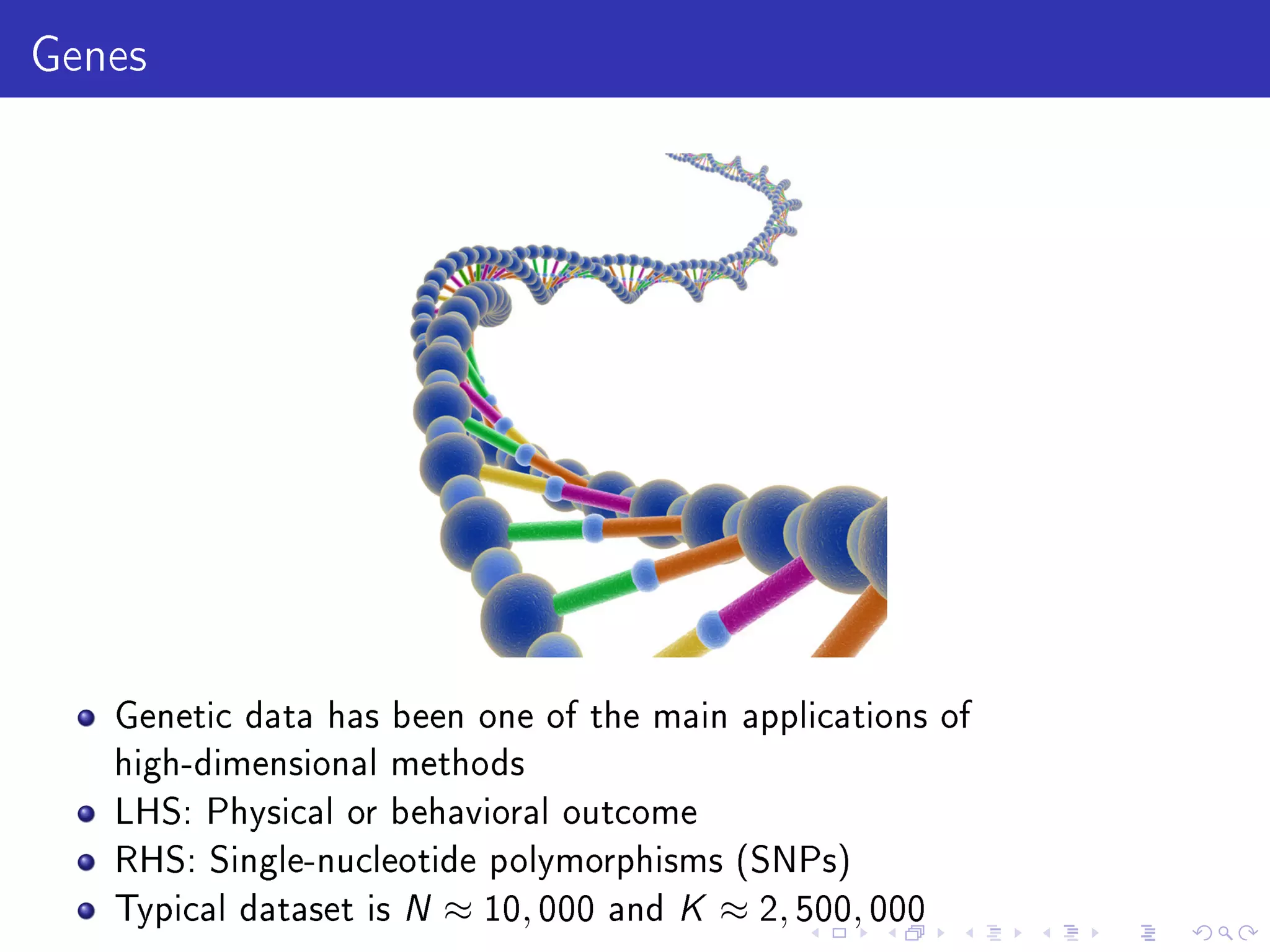 Genes
Genetic data has been one of the main applications of
high-dimensional methods
LHS: Physical or behavioral outcome
RHS: Single-nucleotide polymorphisms (SNPs)
Typical dataset is N ≈ 10, 000 and K ≈ 2, 500, 000
 