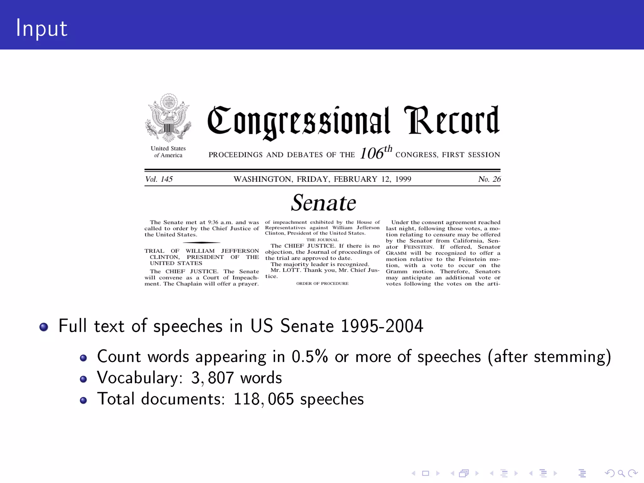 Input
Full text of speeches in US Senate 1995-2004
Count words appearing in 0.5% or more of speeches (after stemming)
Vocabulary: 3, 807 words
Total documents: 118, 065 speeches
 
