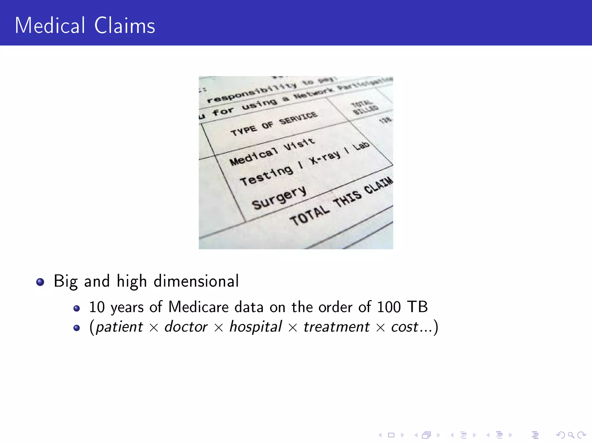 Medical Claims
Big and high dimensional
10 years of Medicare data on the order of 100 TB
(patient × doctor × hospital × treatment × cost...)
 