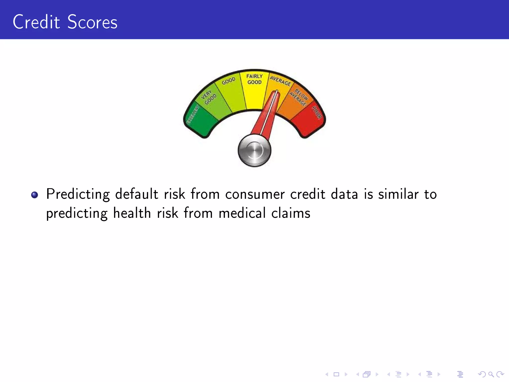 Credit Scores
Predicting default risk from consumer credit data is similar to
predicting health risk from medical claims
 