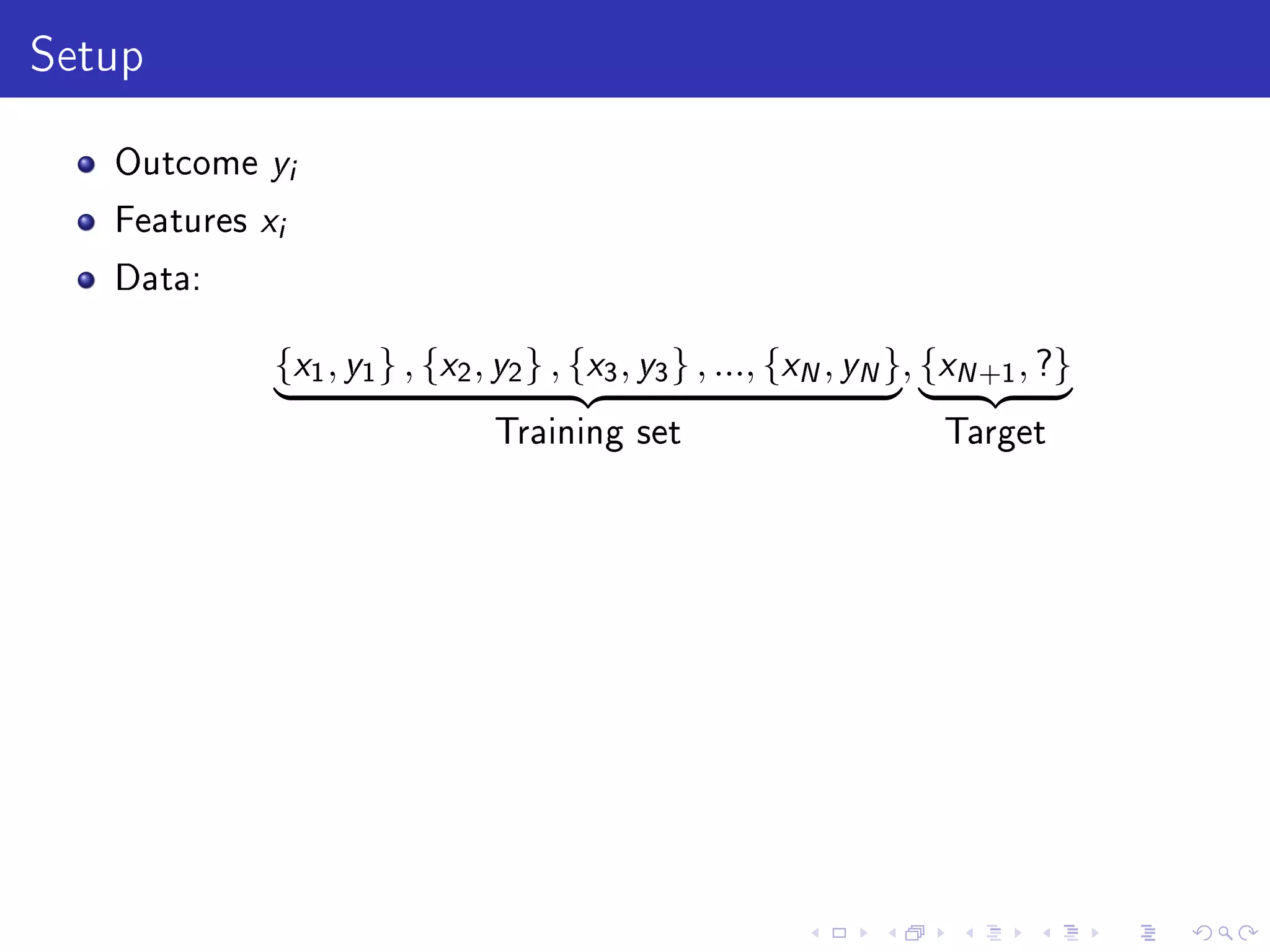 Setup
Outcome yi
Features xi
Data:
{x1, y1} , {x2, y2} , {x3, y3} , ..., {xN, yN}
Training set
, {xN+1, ?}
Target
 