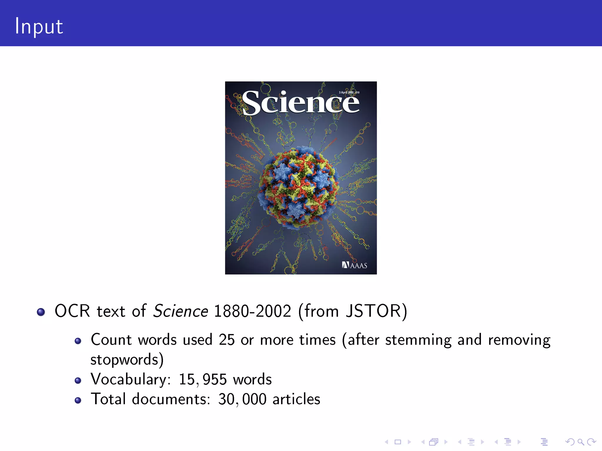Input
OCR text of Science 1880-2002 (from JSTOR)
Count words used 25 or more times (after stemming and removing
stopwords)
Vocabulary: 15, 955 words
Total documents: 30, 000 articles
 