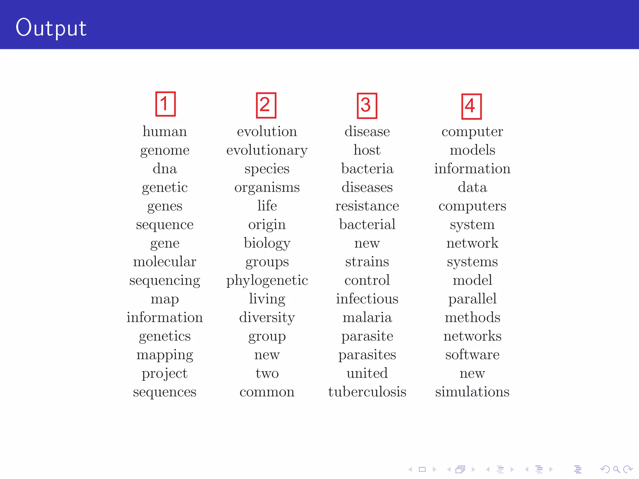 Output
human evolution disease computer
genome evolutionary host models
dna species bacteria information
genetic organisms diseases data
genes life resistance computers
sequence origin bacterial system
gene biology new network
molecular groups strains systems
sequencing phylogenetic control model
map living infectious parallel
information diversity malaria methods
genetics group parasite networks
mapping new parasites software
project two united new
sequences common tuberculosis simulations
1 2 3 4
 