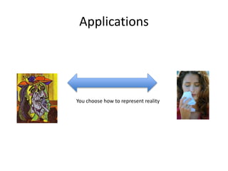Applications
You choose how to represent reality
 