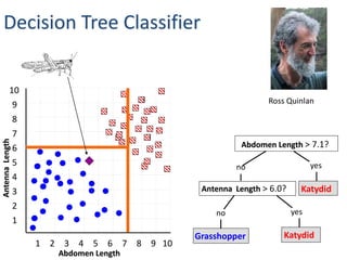 Decision Tree Classifier
Ross Quinlan
AntennaLength
10
1 2 3 4 5 6 7 8 9 10
1
2
3
4
5
6
7
8
9
Abdomen Length
Abdomen Length > 7.1?
no yes
KatydidAntenna Length > 6.0?
no yes
KatydidGrasshopper
 