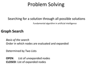 Problem Solving
Basis of the search
Order in which nodes are evaluated and expanded
Determined by Two Lists
OPEN: List of unexpanded nodes
CLOSED: List of expanded nodes
Searching for a solution through all possible solutions
Fundamental algorithm in artificial intelligence
Graph Search
 