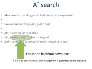 A* search
• Idea: avoid expanding paths that are already expensive
•
• Evaluation function f(n) = g(n) + h(n)
•
• g(n) = cost so far to reach n
• h(n) = estimated cost from n to goal
• f(n) = estimated total cost of path through n to goal
This is the hard/unknown part
If h(n) is an underestimate, then the algorithm is guarenteed to find a solution
 