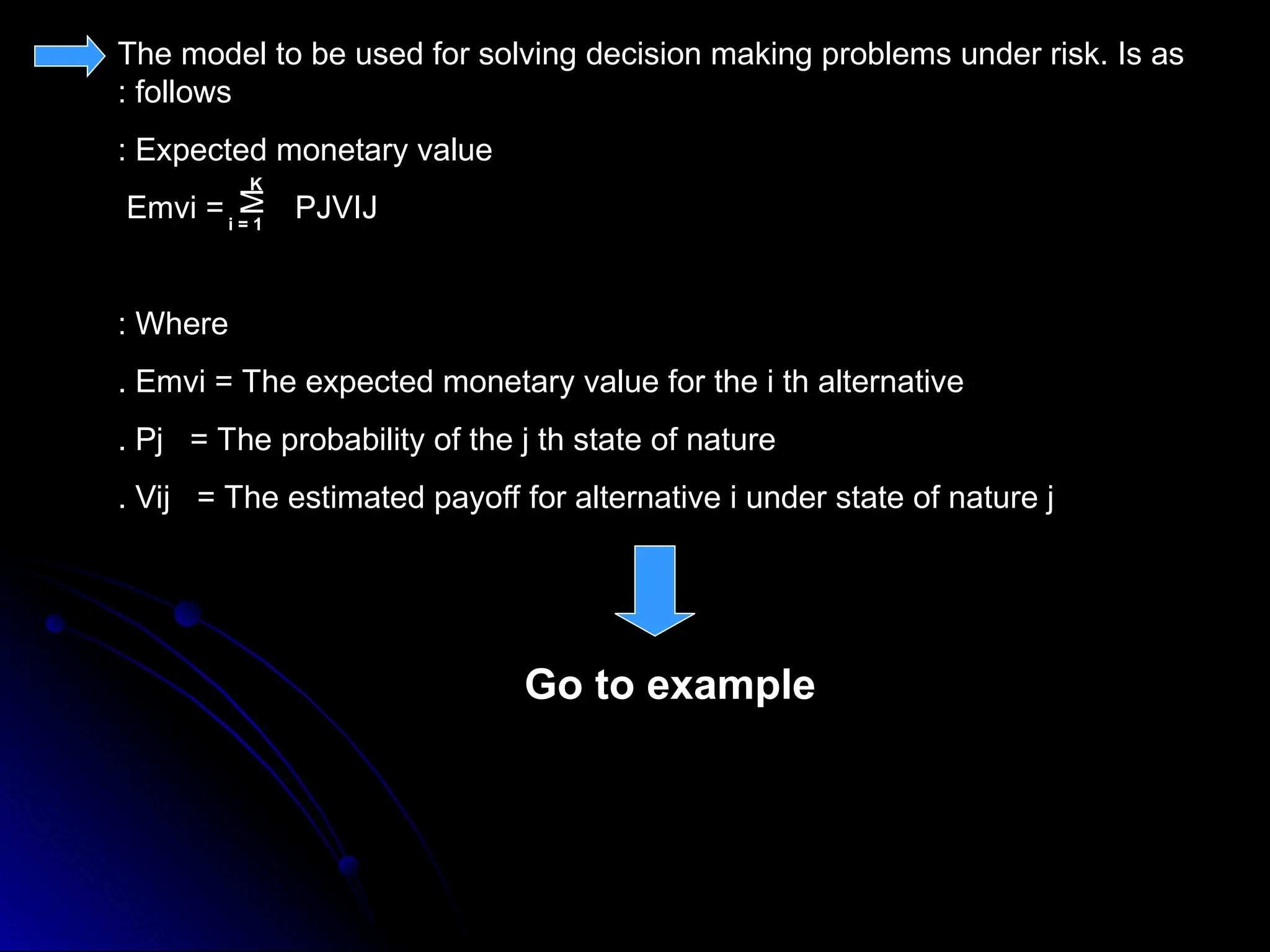 The model to be used for solving decision making problems under risk. Is as
follows
:
Expected monetary value
:
Emvi = PJVIJ
Where
:
Emvi = The expected monetary value for the i th alternative
.
Pj = The probability of the j th state of nature
.
Vij = The estimated payoff for alternative i under state of nature j
.
Go to example
M
i = 1
K
 