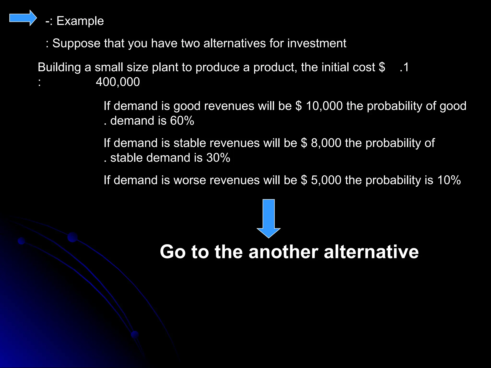 Example
-:
Suppose that you have two alternatives for investment
:
1
.
Building a small size plant to produce a product, the initial cost $
400,000
:
If demand is good revenues will be $ 10,000 the probability of good
demand is 60%
.
If demand is stable revenues will be $ 8,000 the probability of
stable demand is 30%
.
If demand is worse revenues will be $ 5,000 the probability is 10%
Go to the another alternative
 