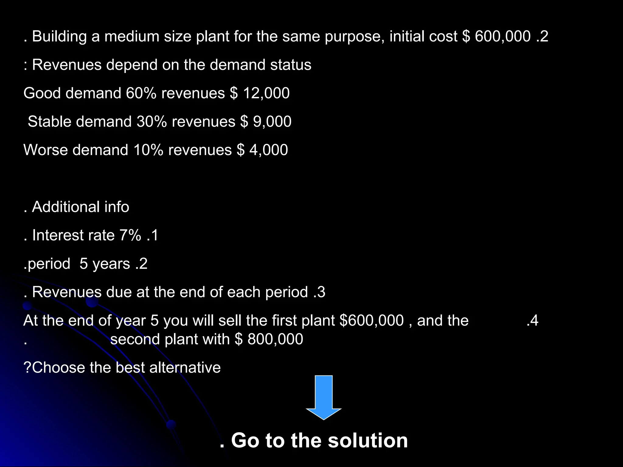 2
.
Building a medium size plant for the same purpose, initial cost $ 600,000
.
Revenues depend on the demand status
:
Good demand 60% revenues $ 12,000
Stable demand 30% revenues $ 9,000
Worse demand 10% revenues $ 4,000
Additional info
.
1
.
Interest rate 7%
.
2
.
period 5 years
.
3
.
Revenues due at the end of each period
.
4
.
At the end of year 5 you will sell the first plant $600,000 , and the
second plant with $ 800,000
.
Choose the best alternative
?
Go to the solution
.
 