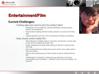 Entertainment/Film   Current Challenges: Casting agencies need to pick the perfect talent Headshots are not sufficient, physical attributes change quickly – need to see people live Face-to-face meeting with the casting director is crucial as the final step Casting directors can lose 10’s of thousands of $/day by traveling Daily shoots and/or edited film When filming in multiple areas or countries, the director must be able to see what is happening at each site Costs of delaying shooting while waiting on director’s approval are very high Film is transported via mail/courier service and is very costly, both in time and money Adds to the overall amount of time it takes to get to market with the film Collaboration is needed to make go/no-go decisions and phone conversations are insufficient – therefore travel, and more delays, are required 