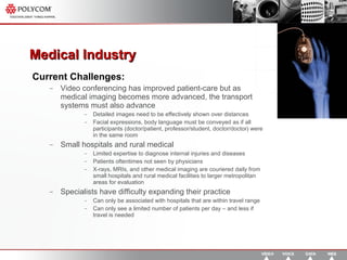 Medical Industry  Current Challenges: Video conferencing has improved patient-care but as medical imaging becomes more advanced, the transport systems must also advance Detailed images need to be effectively shown over distances Facial expressions, body language must be conveyed as if all participants (doctor/patient, professor/student, doctor/doctor) were in the same room Small hospitals and rural medical Limited expertise to diagnose internal injuries and diseases Patients oftentimes not seen by physicians X-rays, MRIs, and other medical imaging are couriered daily from small hospitals and rural medical facilities to larger metropolitan areas for evaluation Specialists have difficulty expanding their practice Can only be associated with hospitals that are within travel range Can only see a limited number of patients per day – and less if travel is needed 