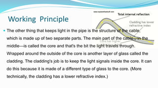 Working Principle
 The other thing that keeps light in the pipe is the structure of the cable,
which is made up of two separate parts. The main part of the cable—in the
middle—is called the core and that's the bit the light travels through.
Wrapped around the outside of the core is another layer of glass called the
cladding. The cladding's job is to keep the light signals inside the core. It can
do this because it is made of a different type of glass to the core. (More
technically, the cladding has a lower refractive index.)
 