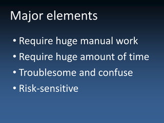 Major elements
• Require huge manual work
• Require huge amount of time
• Troublesome and confuse
• Risk-sensitive
 
