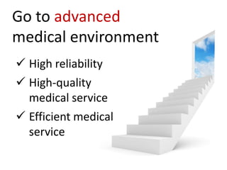 Go to advanced
medical environment
 High reliability
 High-quality
  medical service
 Efficient medical
  service
 