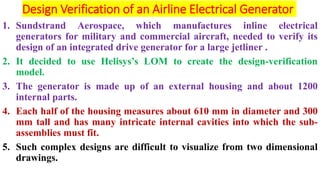 Design Verification of an Airline Electrical Generator
1. Sundstrand Aerospace, which manufactures inline electrical
generators for military and commercial aircraft, needed to verify its
design of an integrated drive generator for a large jetliner .
2. It decided to use Helisys’s LOM to create the design-verification
model.
3. The generator is made up of an external housing and about 1200
internal parts.
4. Each half of the housing measures about 610 mm in diameter and 300
mm tall and has many intricate internal cavities into which the sub-
assemblies must fit.
5. Such complex designs are difficult to visualize from two dimensional
drawings.
 