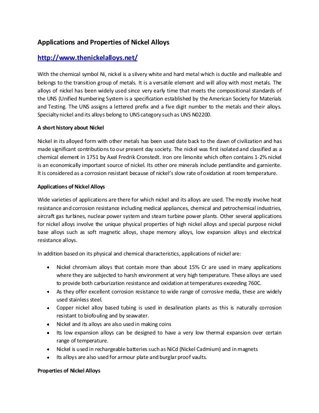 Applications and Properties of Nickel Alloys